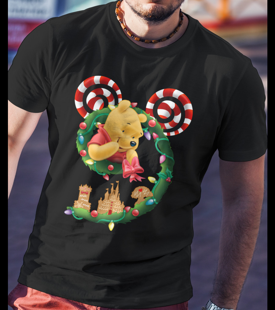 Winnie Pooh Christmas Wreath With Candy Canes And Holiday Castle Cookies T-Shirt
