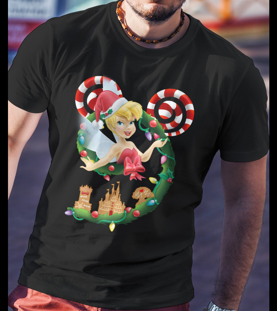 Tinkerbell Christmas Mickey Wreath With Candy Canes And Castle T-Shirt