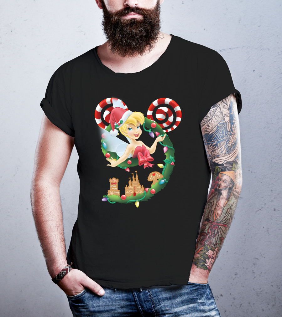Tinkerbell Christmas Mickey Wreath With Candy Canes And Castle T-Shirt