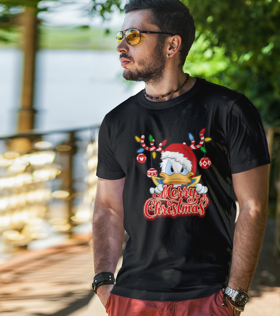 Merry Christmas Donald Wearing Santa Hat And Reindeer Antlers T-Shirt