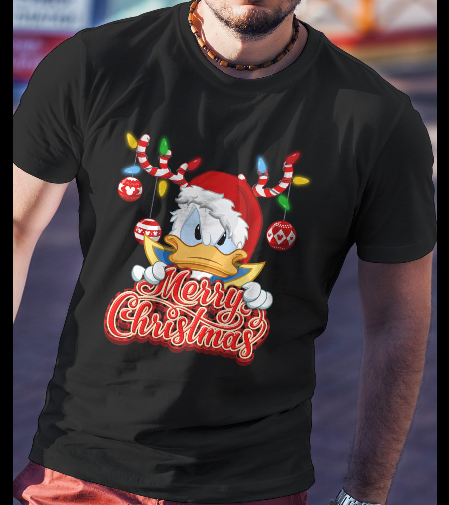 Merry Christmas Donald Wearing Santa Hat And Reindeer Antlers T-Shirt