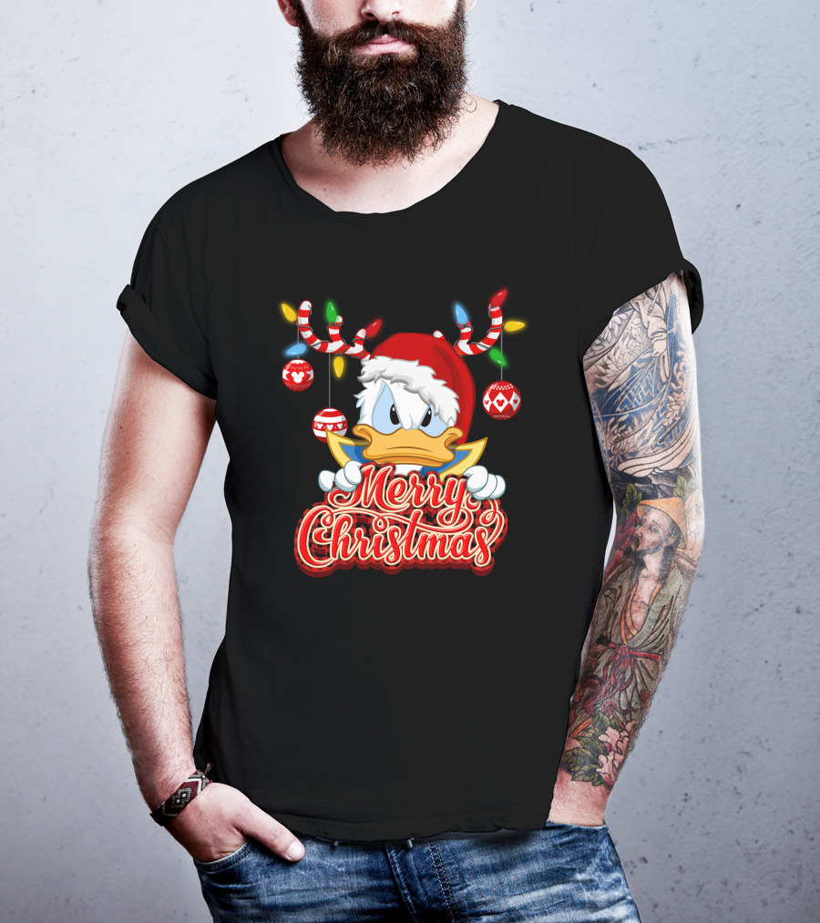 Merry Christmas Donald Wearing Santa Hat And Reindeer Antlers T-Shirt