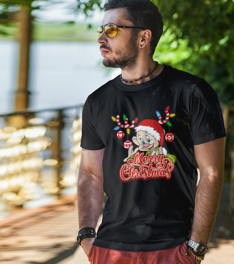 Merry Christmas Dopey Reindeer Antlers And Santa Hat With Christmas Ornaments T-Shirt
