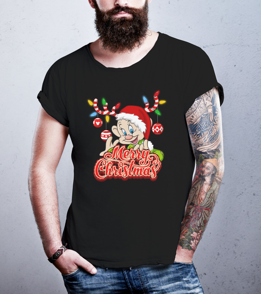 Merry Christmas Dopey Reindeer Antlers And Santa Hat With Christmas Ornaments T-Shirt