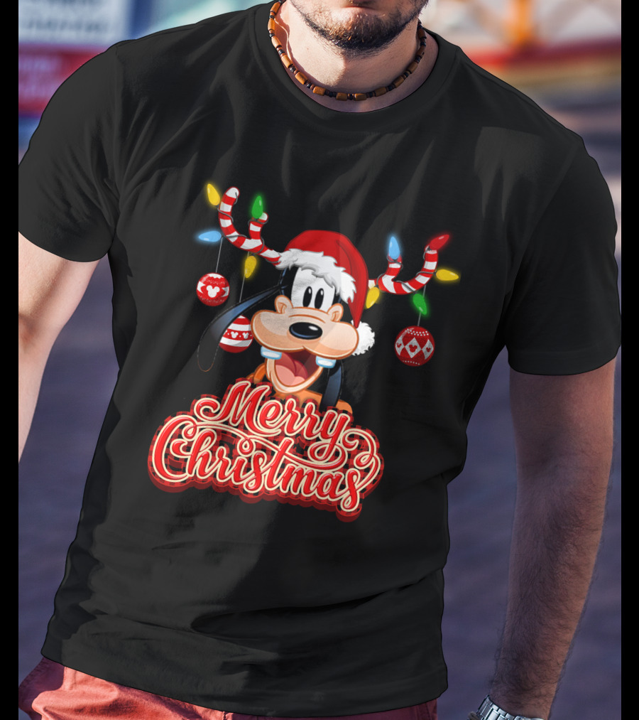 Merry Christmas Goofy Santa Hat Lights Antlers T-Shirt