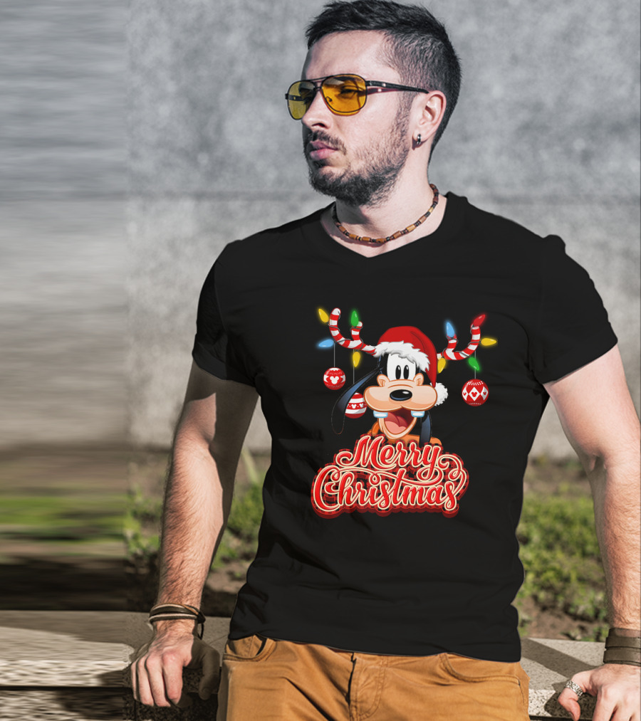 Merry Christmas Goofy Santa Hat Lights Antlers T-Shirt