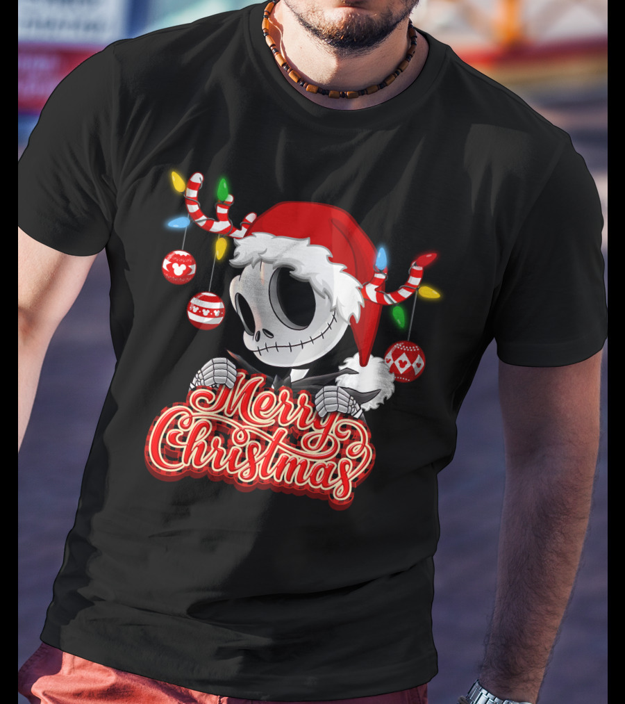 Merry Christmas Santa Jack Skellington With Candy Cane Lights And Ornaments T-Shirt