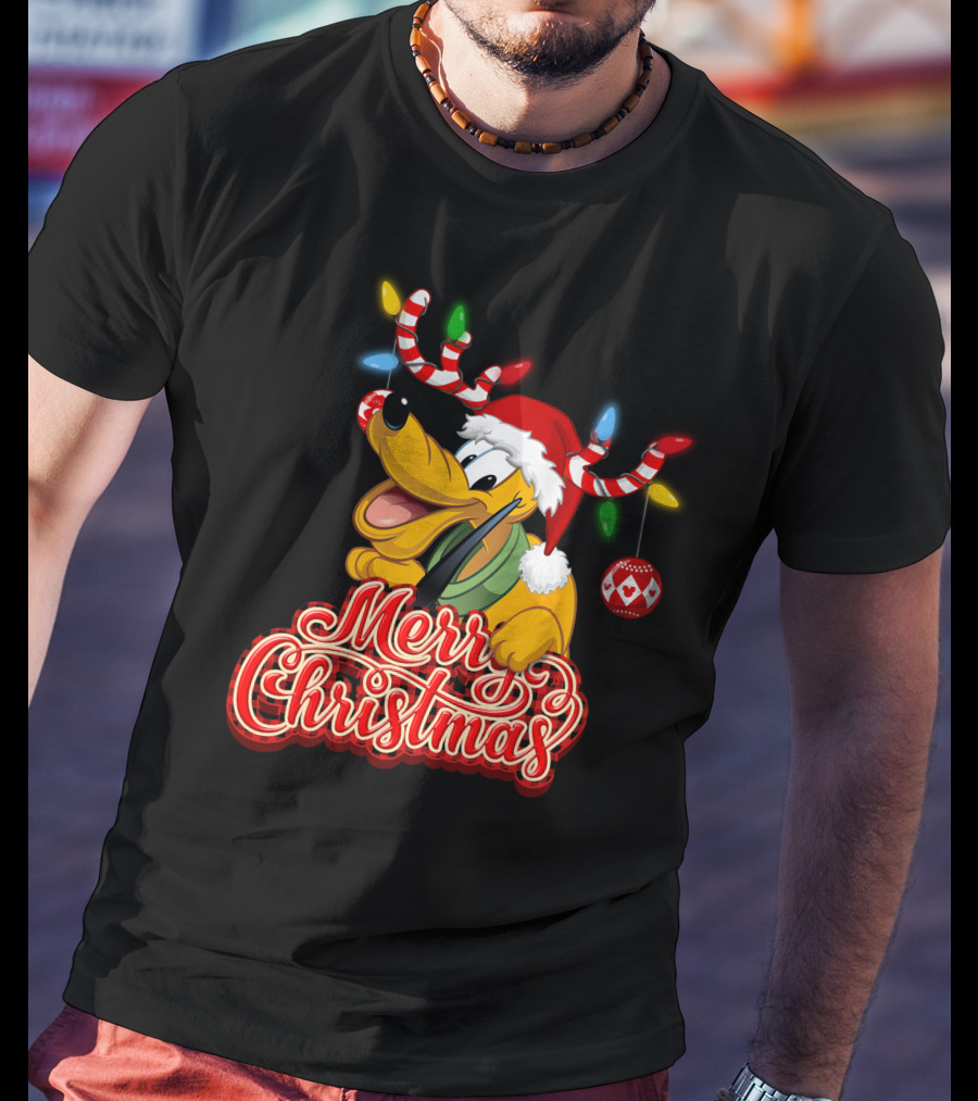 Merry Christmas Pluto Holiday Antlers And Santa Hat T-Shirt