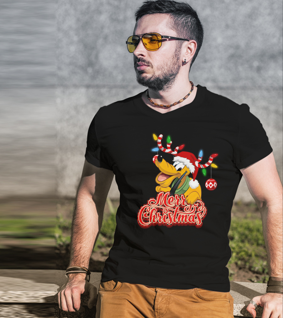 Merry Christmas Pluto Holiday Antlers And Santa Hat T-Shirt