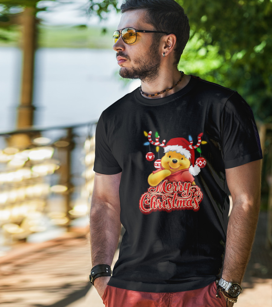 Merry Christmas Pooh Santa Hat Festive Lights Antlers T-Shirt