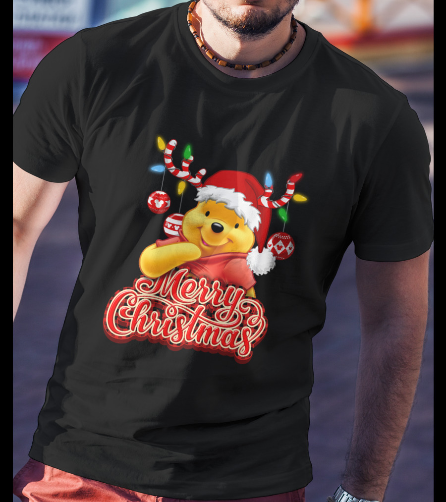 Merry Christmas Pooh Santa Hat Festive Lights Antlers T-Shirt