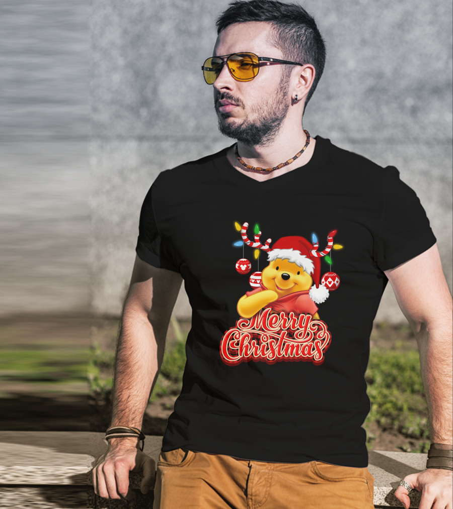 Merry Christmas Pooh Santa Hat Festive Lights Antlers T-Shirt