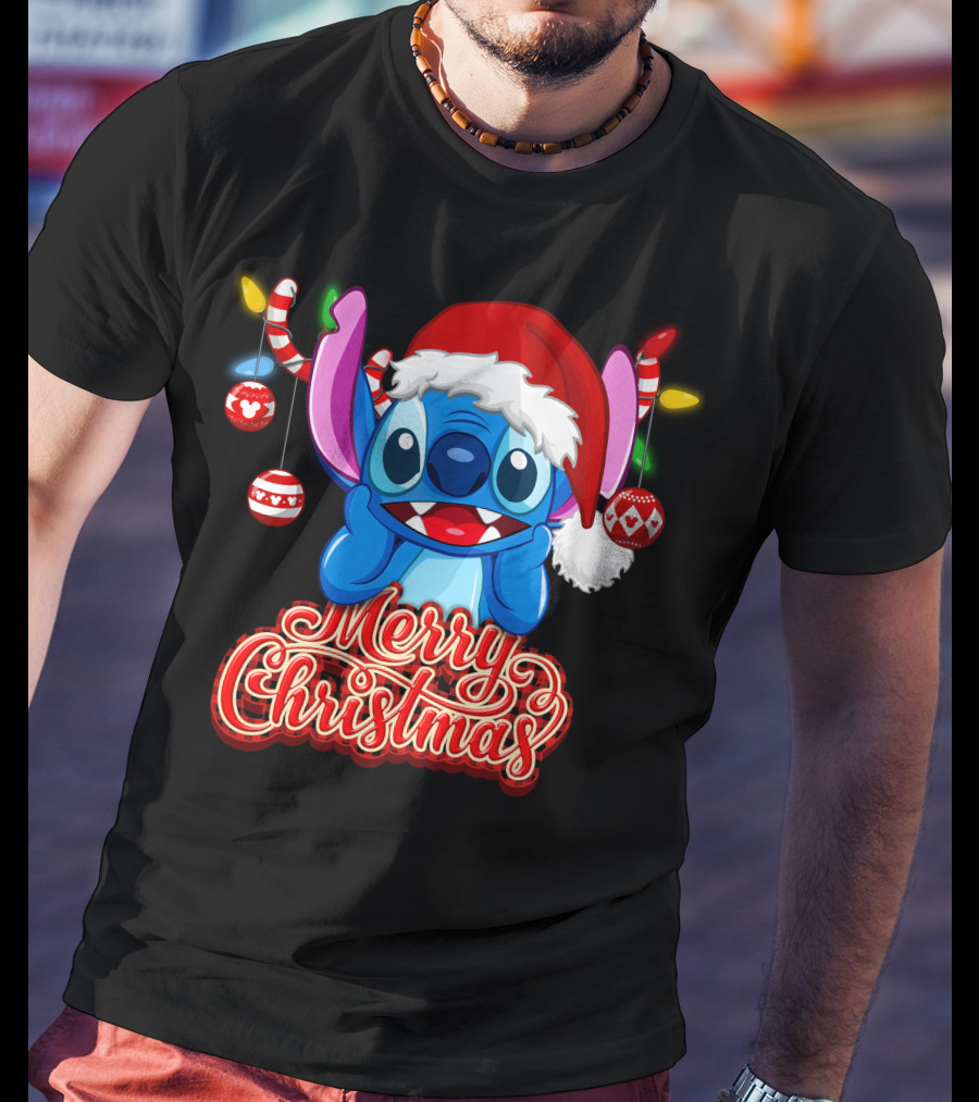 Merry Christmas Stitch Santa Hat Ornaments T-Shirt