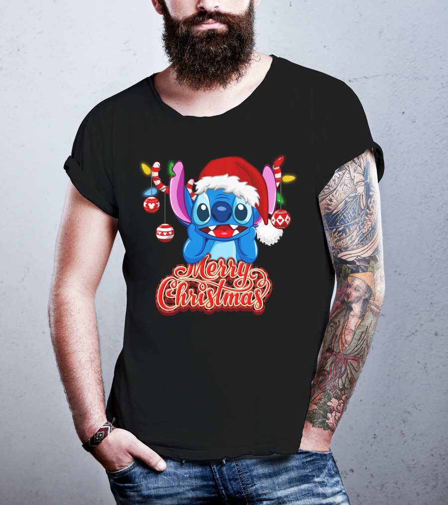 Merry Christmas Stitch Santa Hat Ornaments T-Shirt