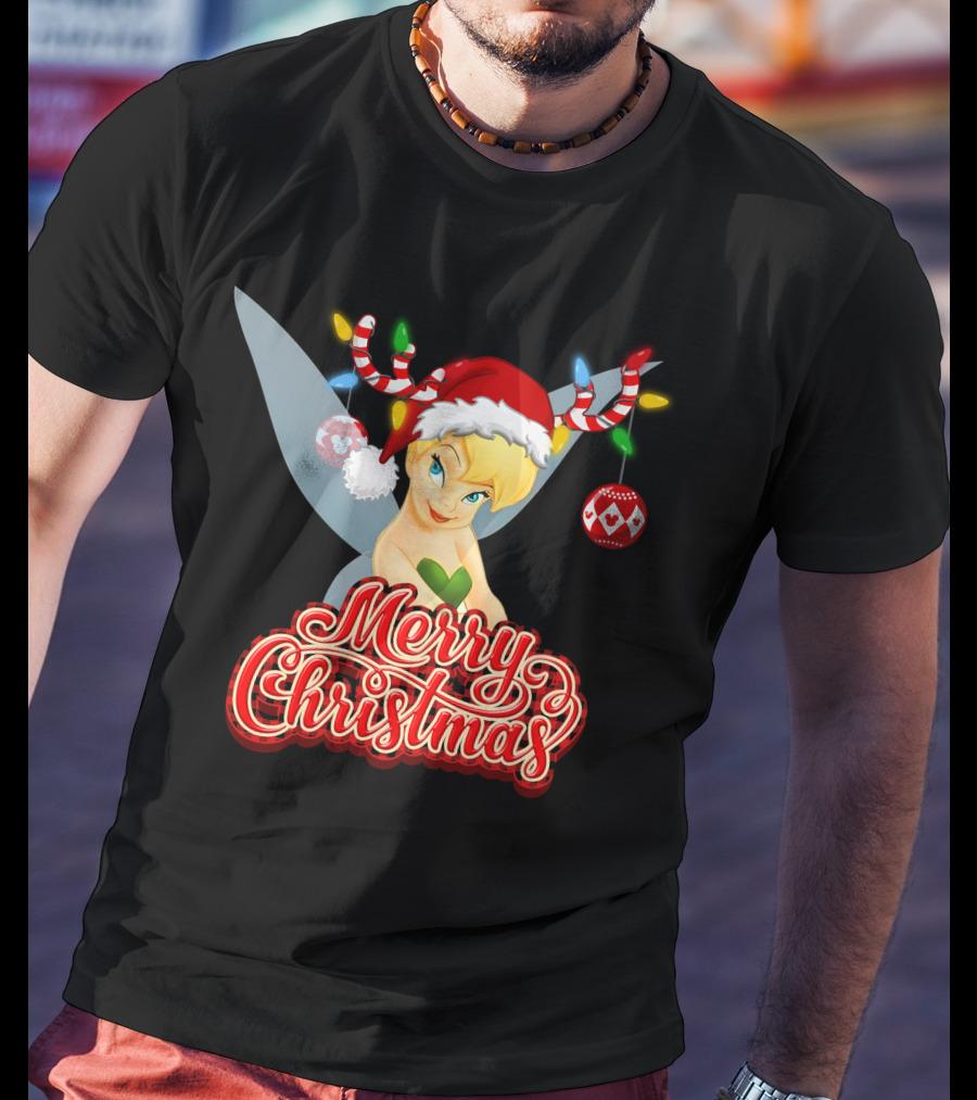 Merry Christmas Tinkerbell Santa Hat Reindeer Antlers Lights Holiday T-Shirt