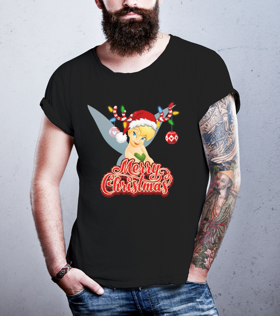 Merry Christmas Tinkerbell Santa Hat Reindeer Antlers Lights Holiday T-Shirt