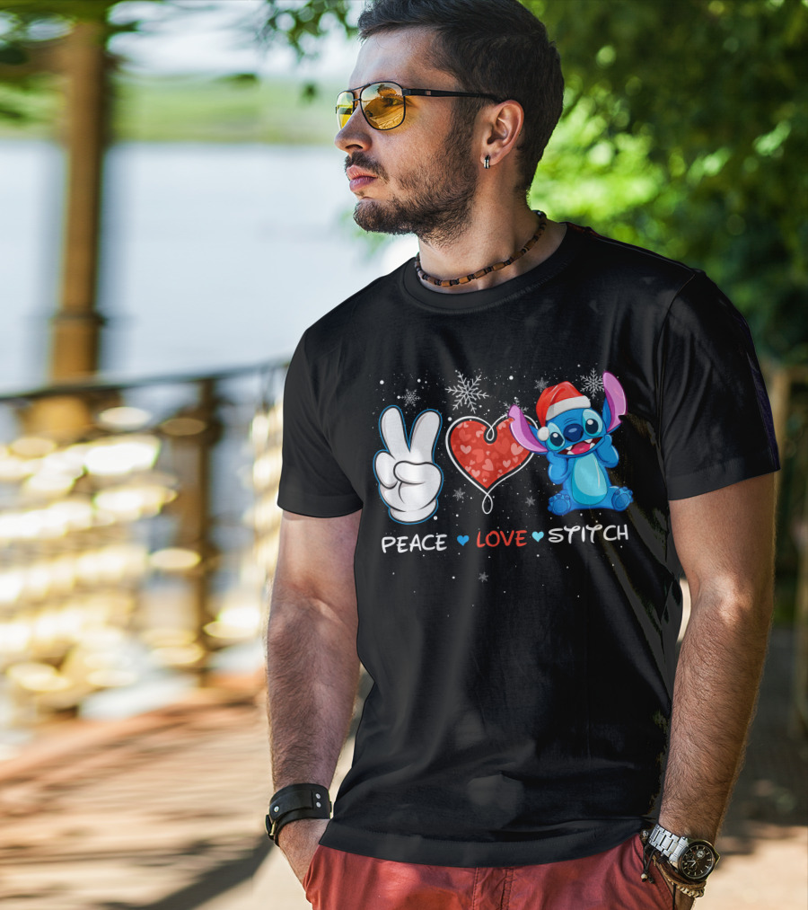 Peace Love Stitch Christmas Santa Hat T-Shirt