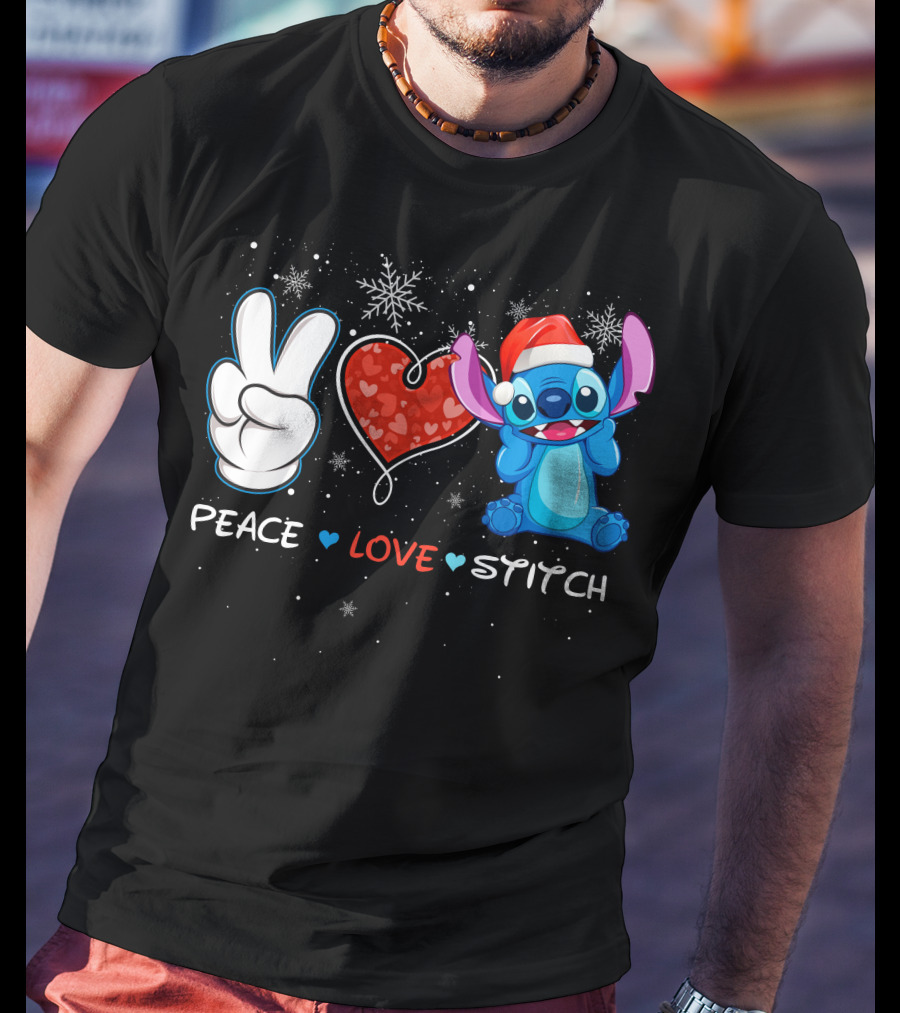 Peace Love Stitch Christmas Santa Hat T-Shirt