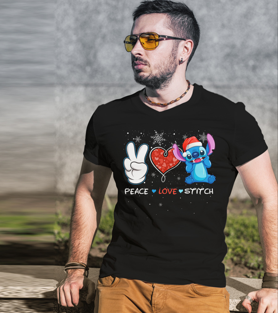 Peace Love Stitch Christmas Santa Hat T-Shirt