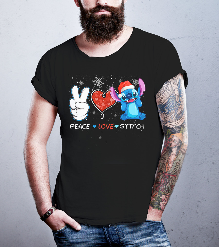 Peace Love Stitch Christmas Santa Hat T-Shirt