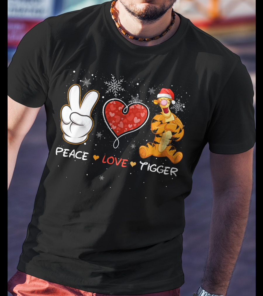Peace Love Tigger Santa Hat Snowflakes T-Shirt