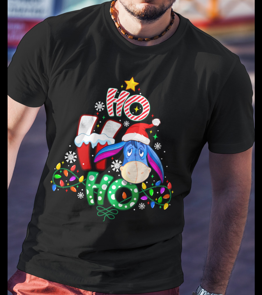 Ho Ho Ho Christmas Eeyore Santa Hat Lights Snowflakes T-Shirt