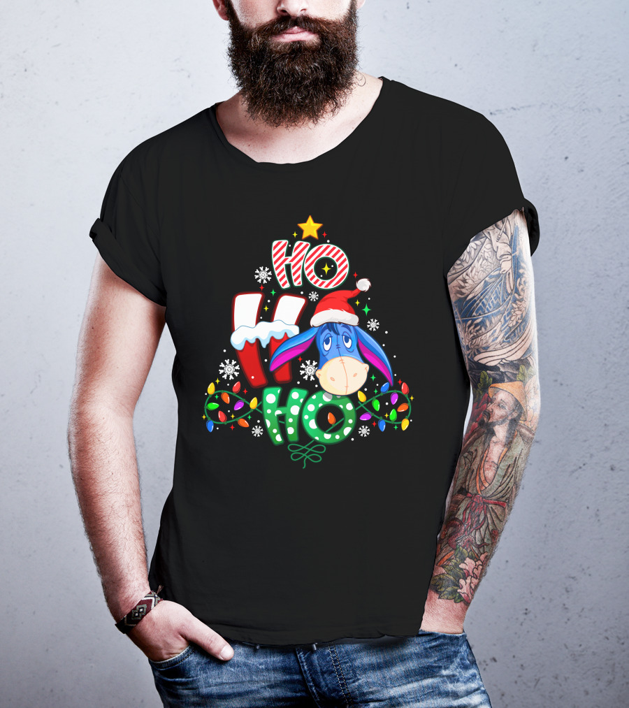 Ho Ho Ho Christmas Eeyore Santa Hat Lights Snowflakes T-Shirt