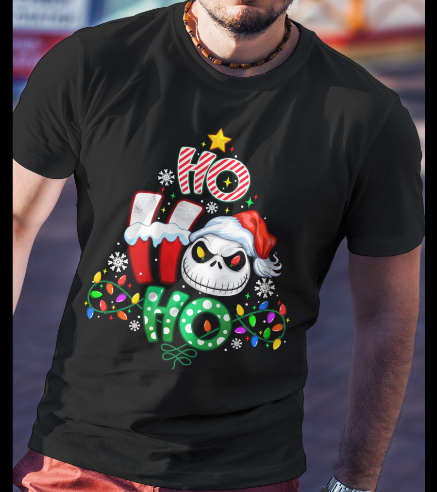 Jack Ho Ho Ho Skull Santa Hat Christmas Lights T-Shirt
