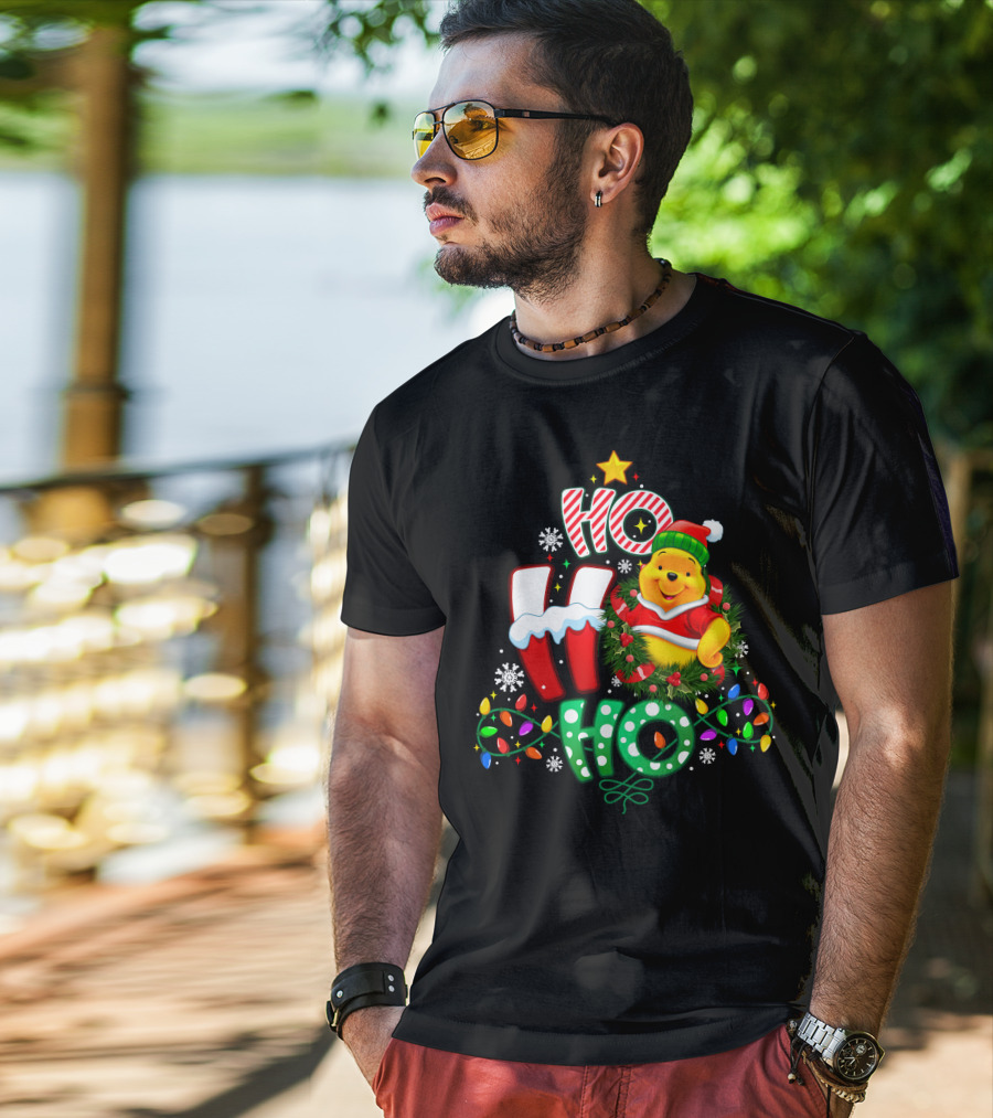 Ho Ho Ho Pooh Christmas Lights Snowflakes Wreath Santa Hat T-Shirt