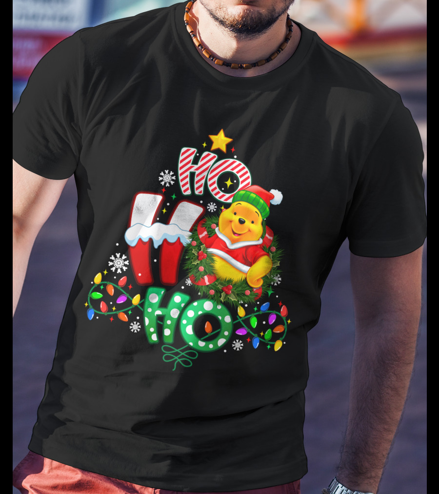 Ho Ho Ho Pooh Christmas Lights Snowflakes Wreath Santa Hat T-Shirt