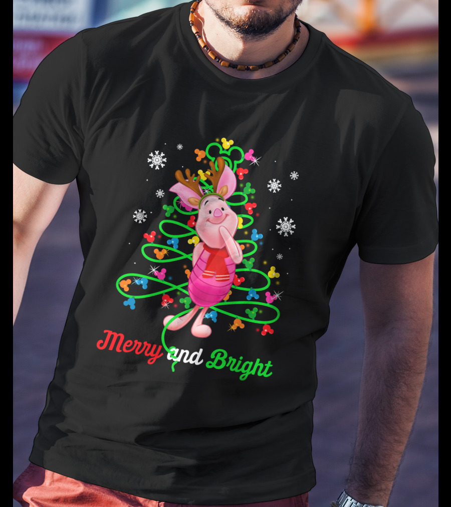 Merry And Bright Piglet Reindeer Christmas Tree Snowflakes T-Shirt