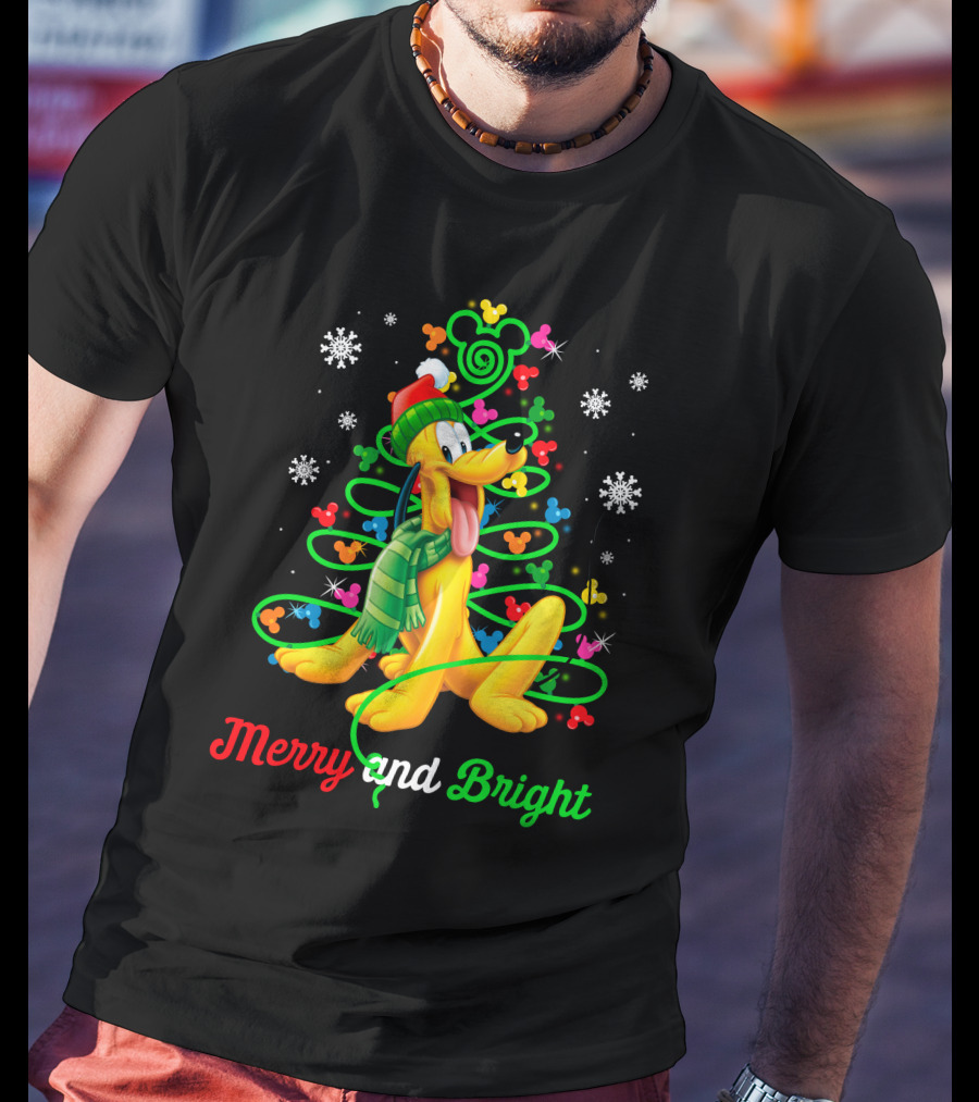 Pluto Merry And Bright Holiday Lights Mickey Snowflakes T-Shirt