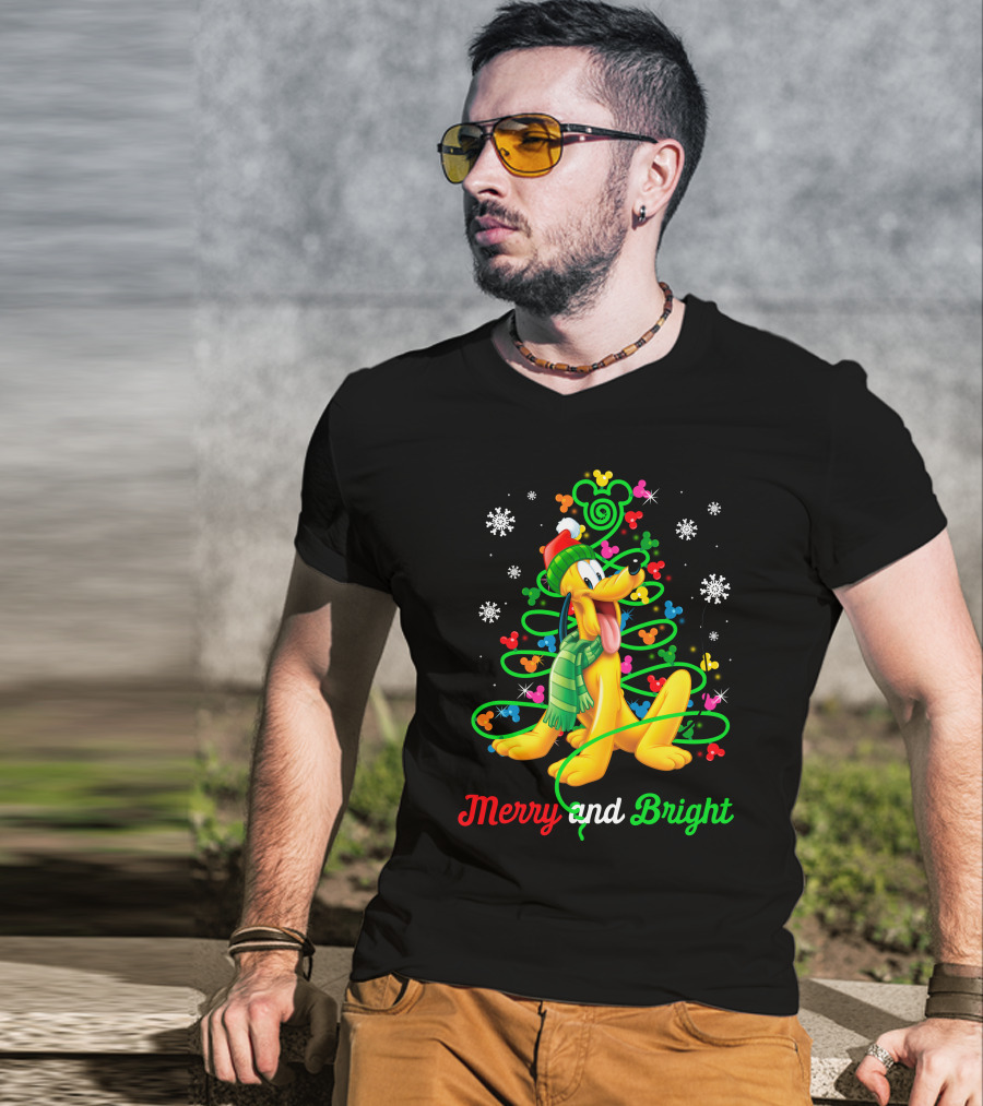 Pluto Merry And Bright Holiday Lights Mickey Snowflakes T-Shirt