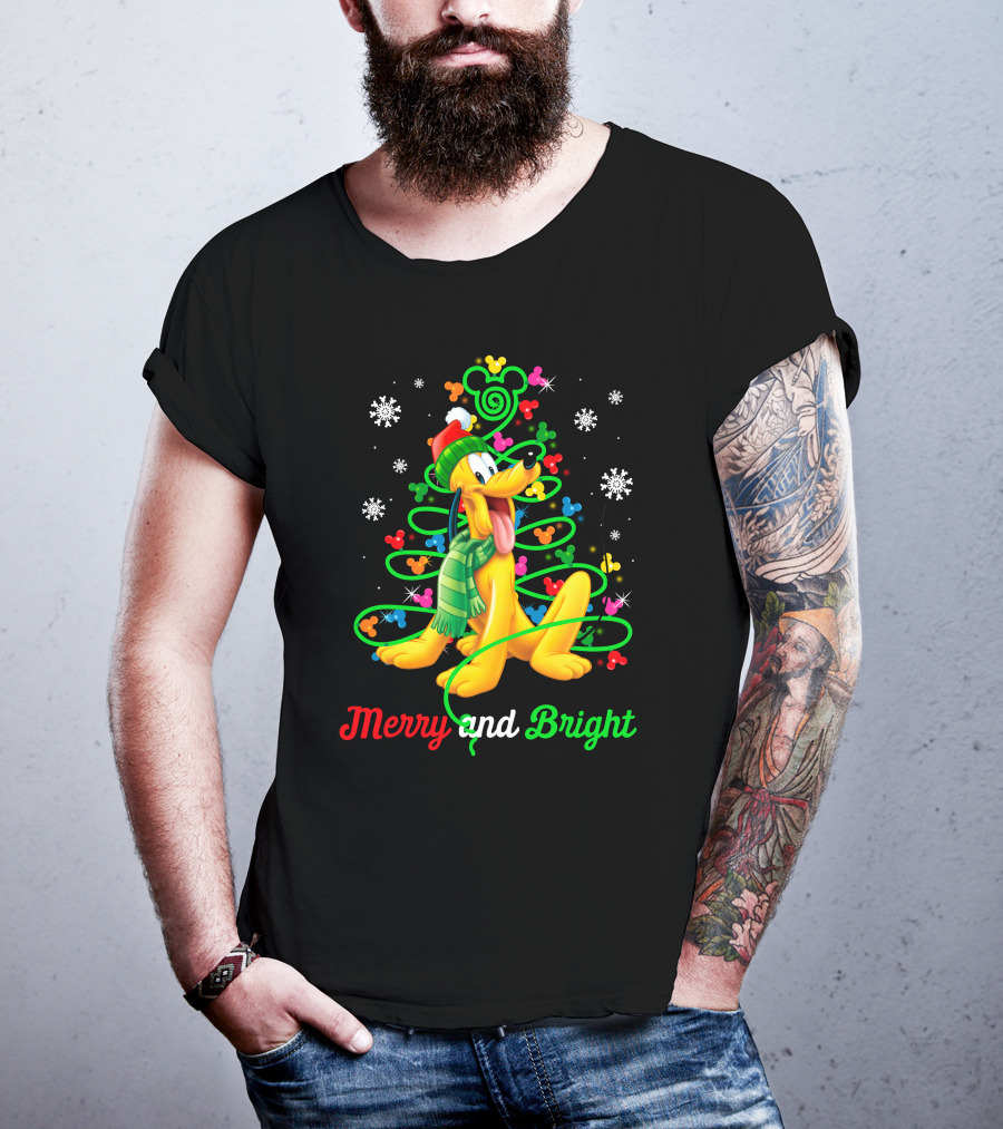 Pluto Merry And Bright Holiday Lights Mickey Snowflakes T-Shirt