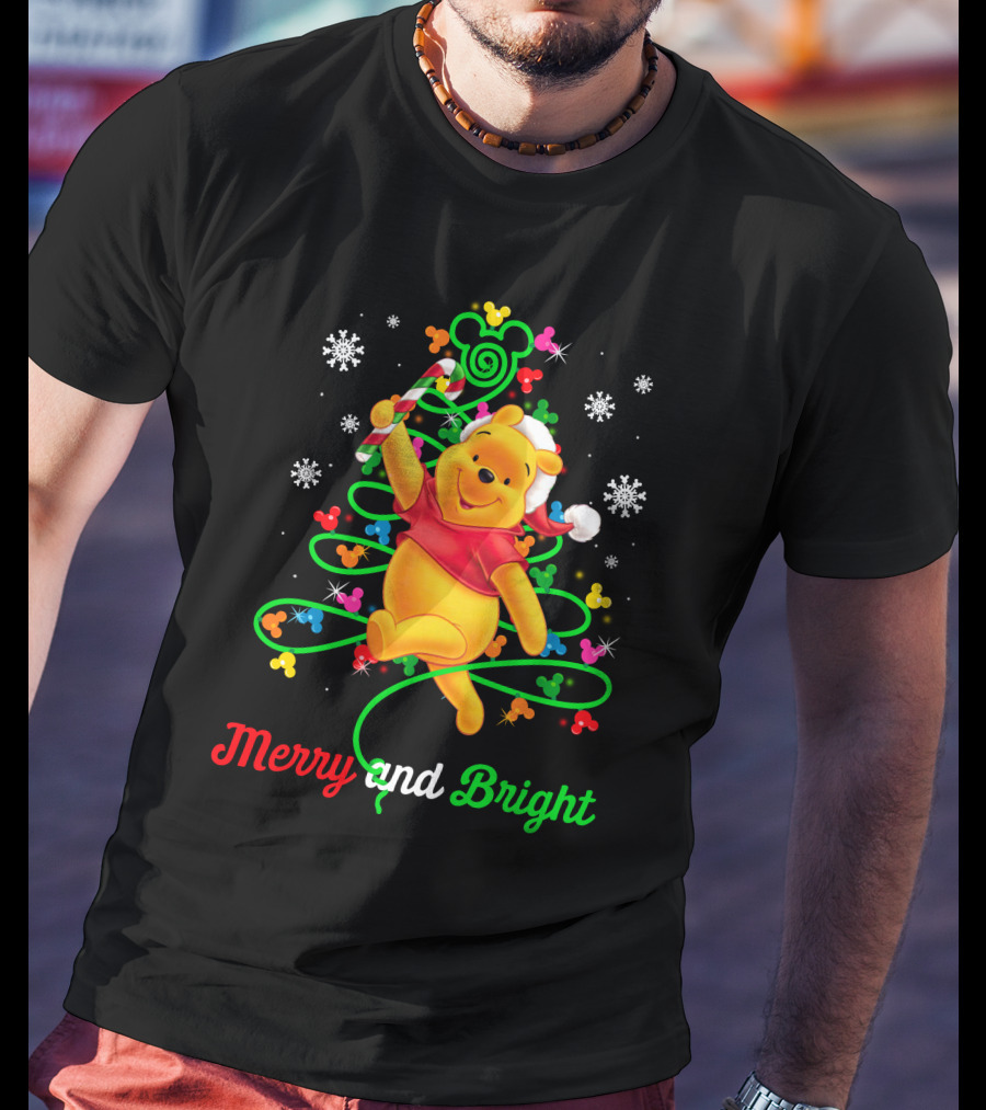Merry And Bright Pooh Christmas Tree With Candy Cane And Mickey Mouse Ears T-Shirt