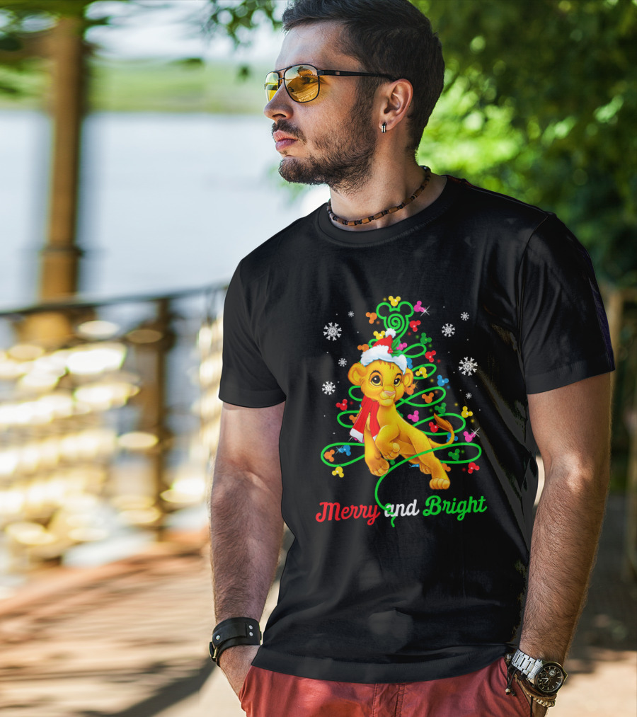 Merry And Bright Simba Christmas Snowflakes Santa Hat T-Shirt