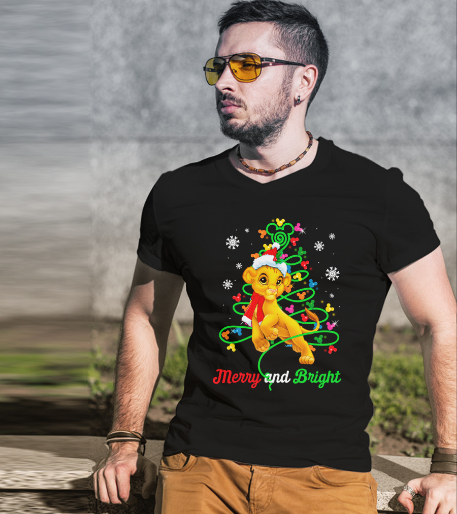 Merry And Bright Simba Christmas Snowflakes Santa Hat T-Shirt