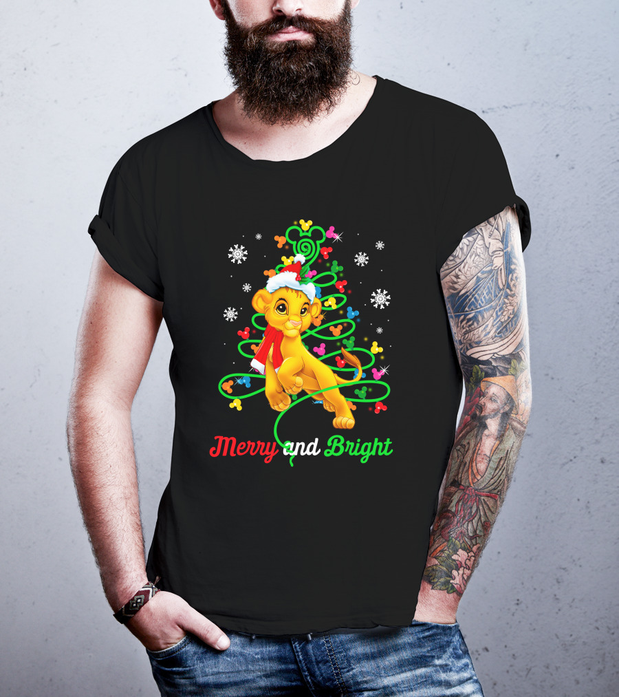 Merry And Bright Simba Christmas Snowflakes Santa Hat T-Shirt