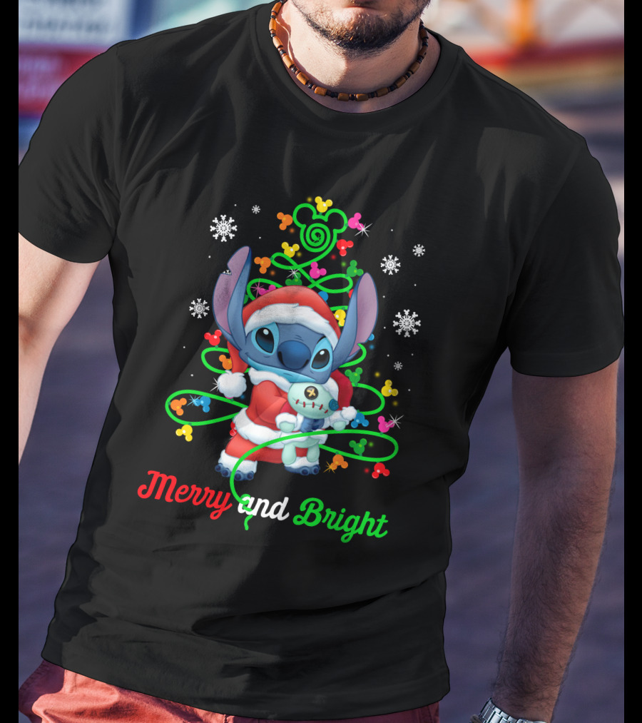Merry And Bright Stitch Christmas Mickey Tree T-Shirt