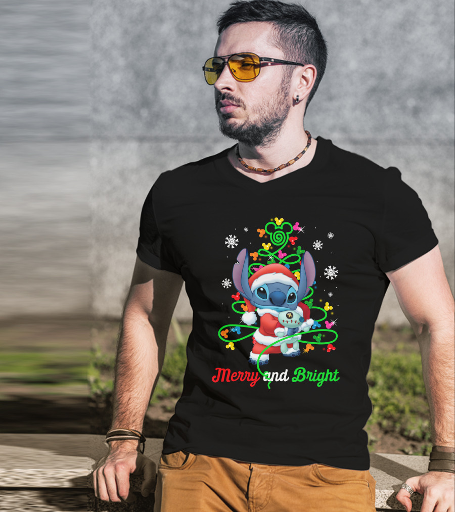 Merry And Bright Stitch Christmas Mickey Tree T-Shirt