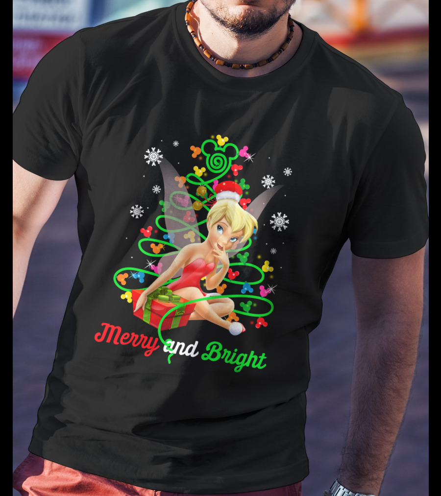 Merry And Bright Christmas Tinkerbell With Holiday Gift And Snowflakes T-Shirt