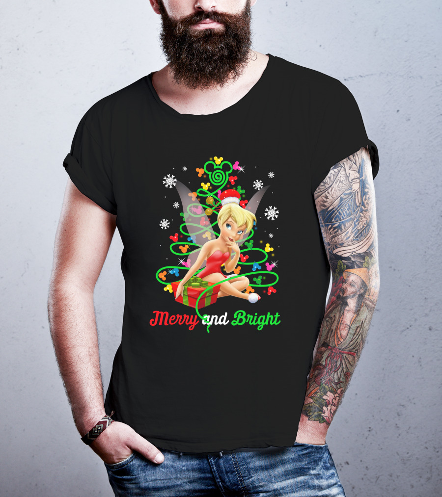 Merry And Bright Christmas Tinkerbell With Holiday Gift And Snowflakes T-Shirt