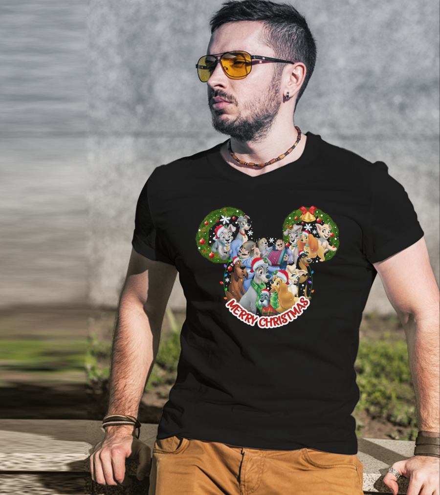 Merry Christmas Disney Lady And The Tramp Mickey Mouse Ears T-Shirt