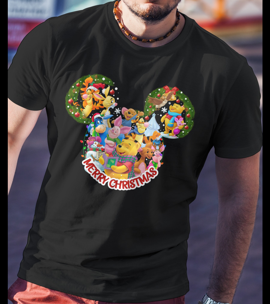 Merry Christmas Winnie The Pooh Disney Characters Mickey Ears T-Shirt