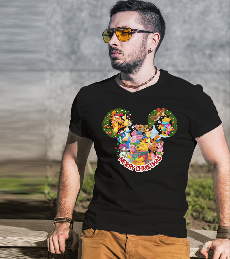 Merry Christmas Winnie The Pooh Disney Characters Mickey Ears T-Shirt