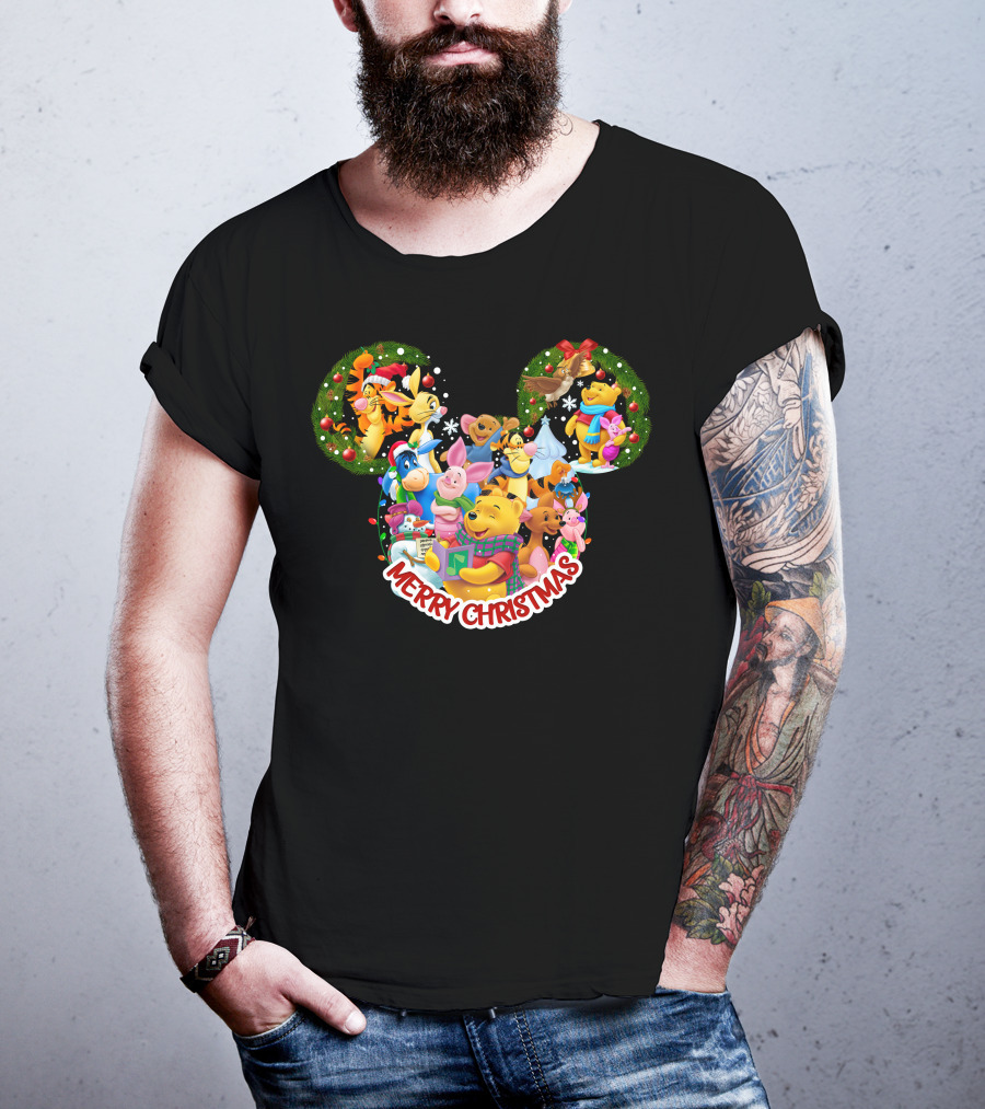 Merry Christmas Winnie The Pooh Disney Characters Mickey Ears T-Shirt