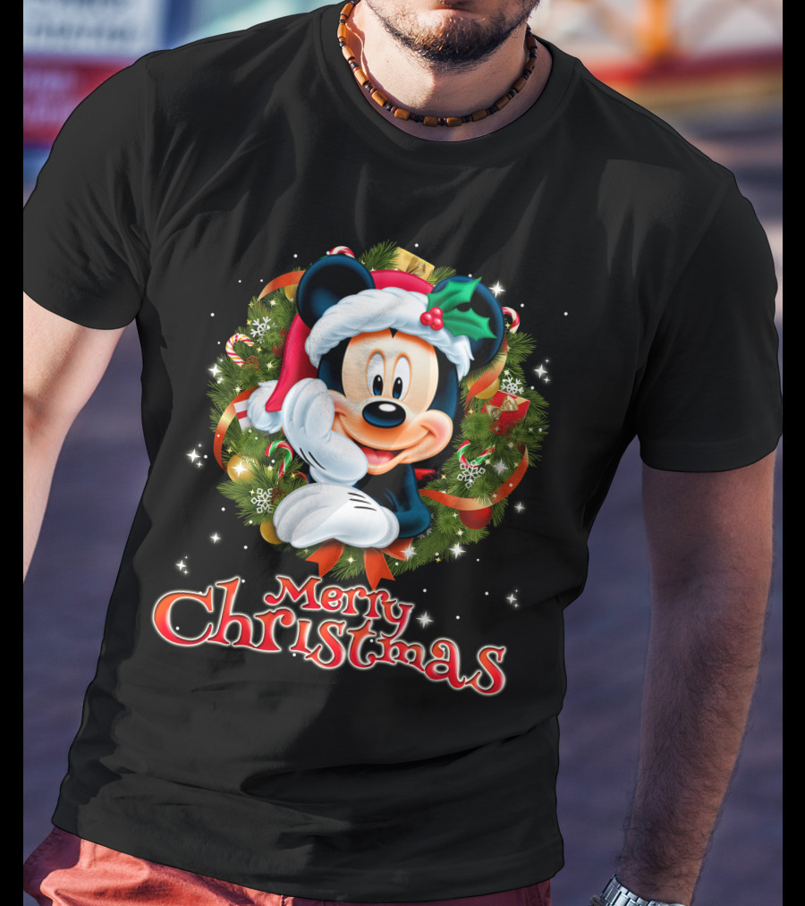 Mickey Merry Christmas Santa Hat With Holly Wreath T-Shirt