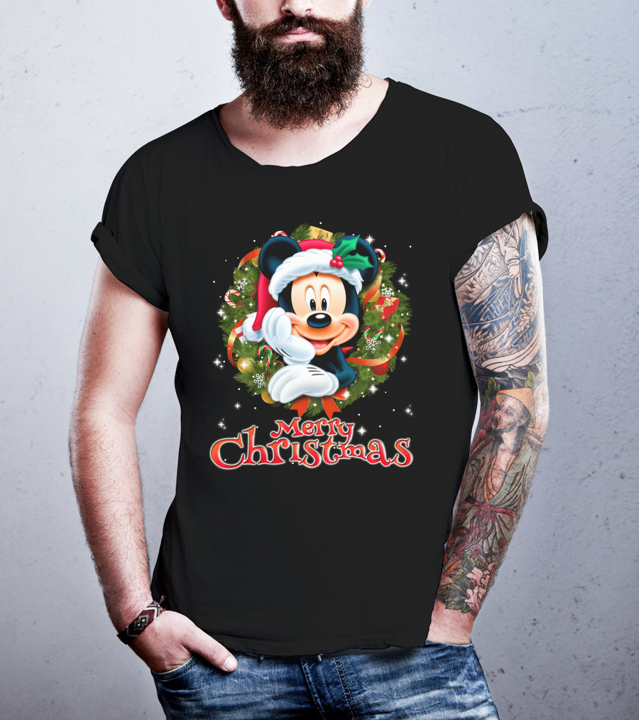 Mickey Merry Christmas Santa Hat With Holly Wreath T-Shirt