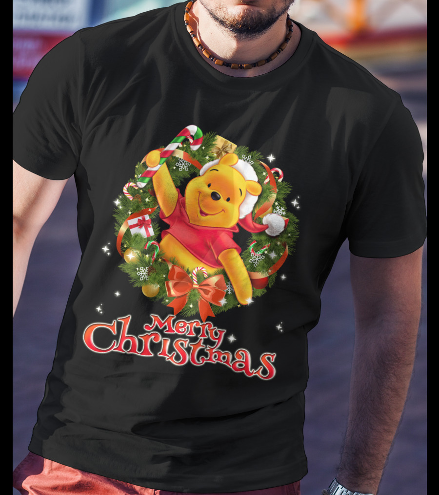 Merry Christmas Pooh Bear Wreath Candy Cane Santa Hat T-Shirt