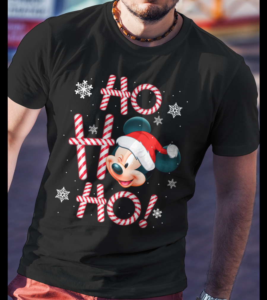Ho Ho Ho Mickey Christmas Santa Hat Snowflakes T-Shirt